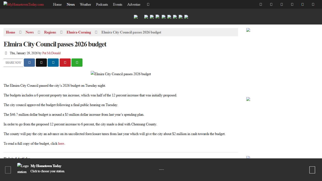 Elmira City Council passes 2026 budget - MyHometownToday.com