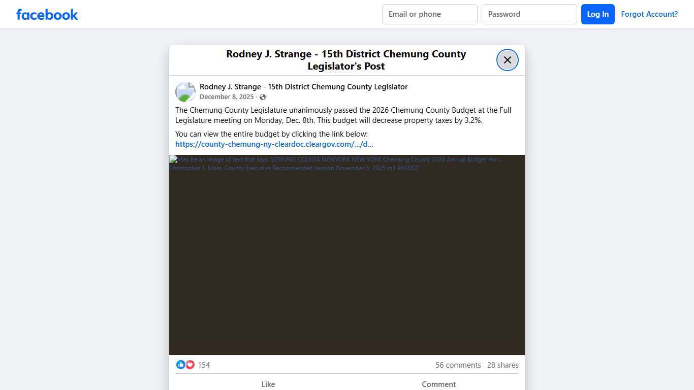 The Chemung County Legislature unanimously passed the 2026 Chemung County Budget at the Full Legislature meeting on Monday, Dec. 8th. This budget will decrease property taxes by 3.2%. You can view the entire budget by clicking the link below:... - Rodney J. Strange - 15th District Chemung County Legislator Facebook